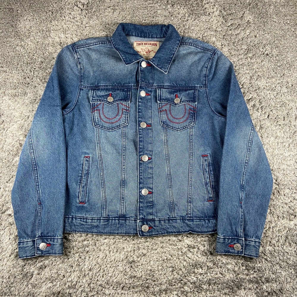 True Religion Print Single Needle Denim Jacket Men L Blue Quartz Wash Jean New
